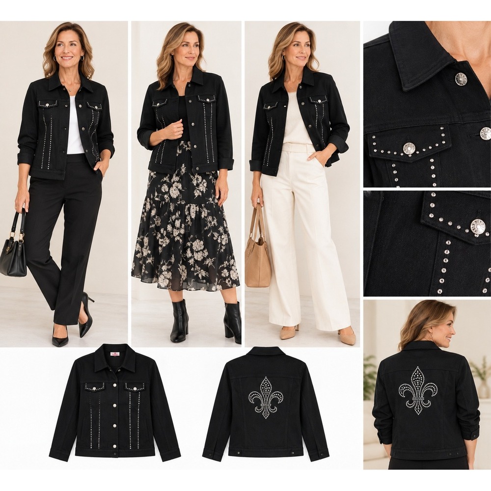 Quacker Factory L Black Denim Jacket Rhinestone Fleur de Lis Studded Y2K McBling